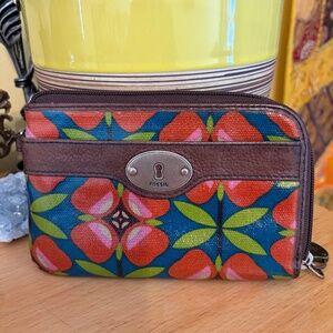 Fossil Key-Per Coated Wallet Leather Clutch Zip Around Floral Teal Red Brown